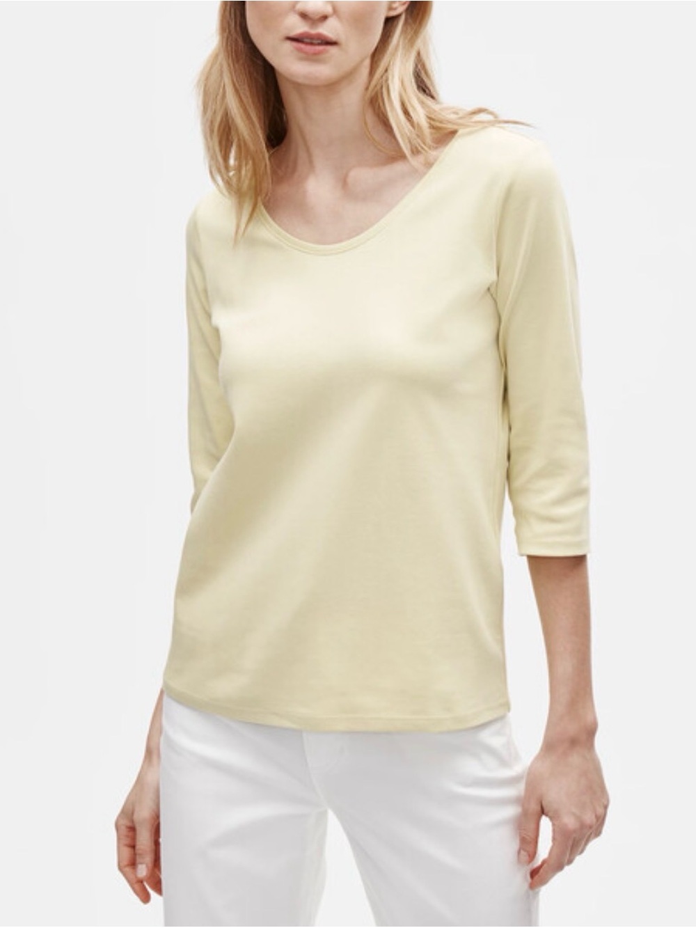 Eileen Fisher Organic Cotton Interlock Round Neck Top 3/4 Sleeve NWT in Cashew